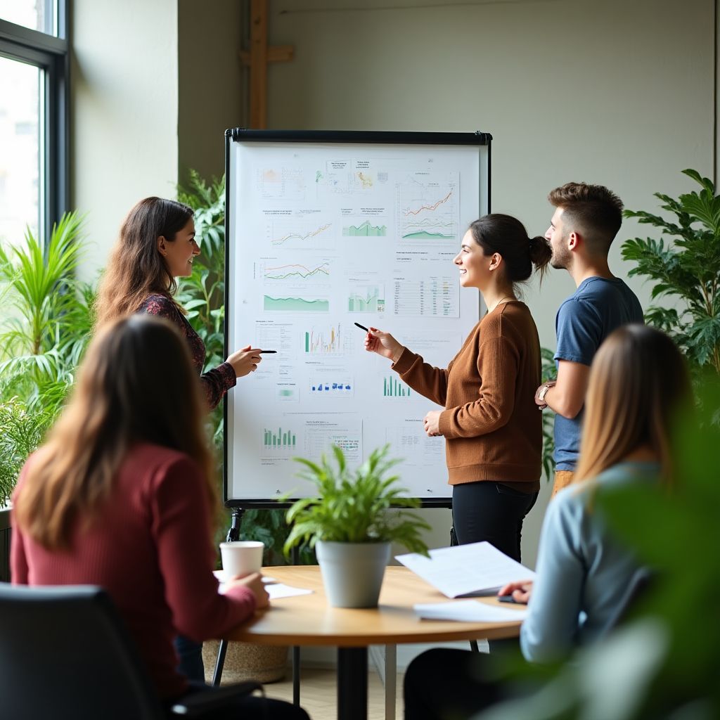 Equipo discutiendo estrategias financieras en una oficina moderna y luminosa.