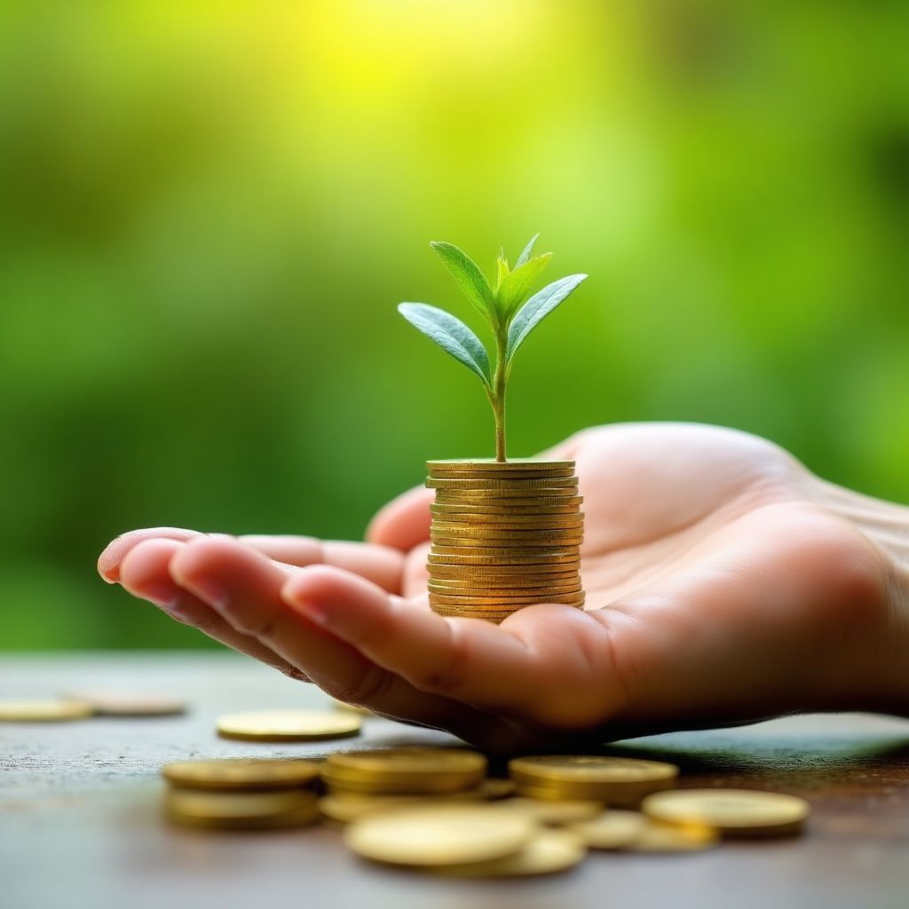 Una mano sosteniendo un brote de planta que crece de una pila de monedas.