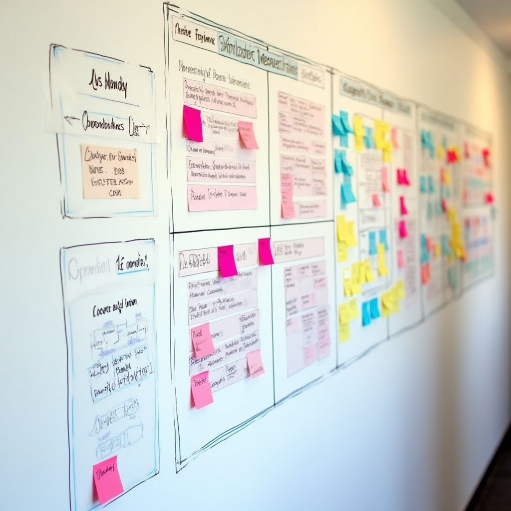 Pizarra con diagramas y notas adhesivas.