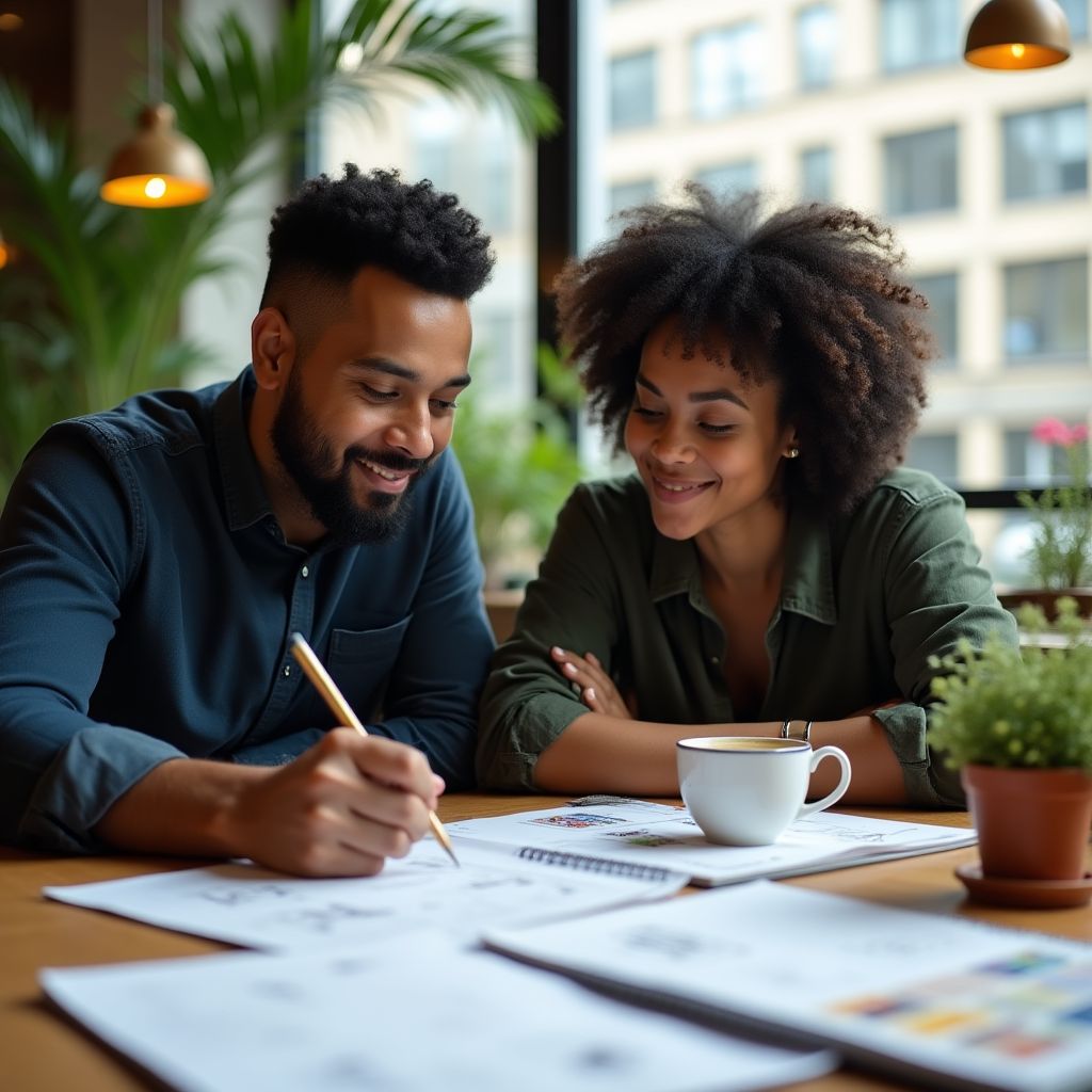 Dos fundadores discutiendo ideas en un cuaderno en una cafetería luminosa.